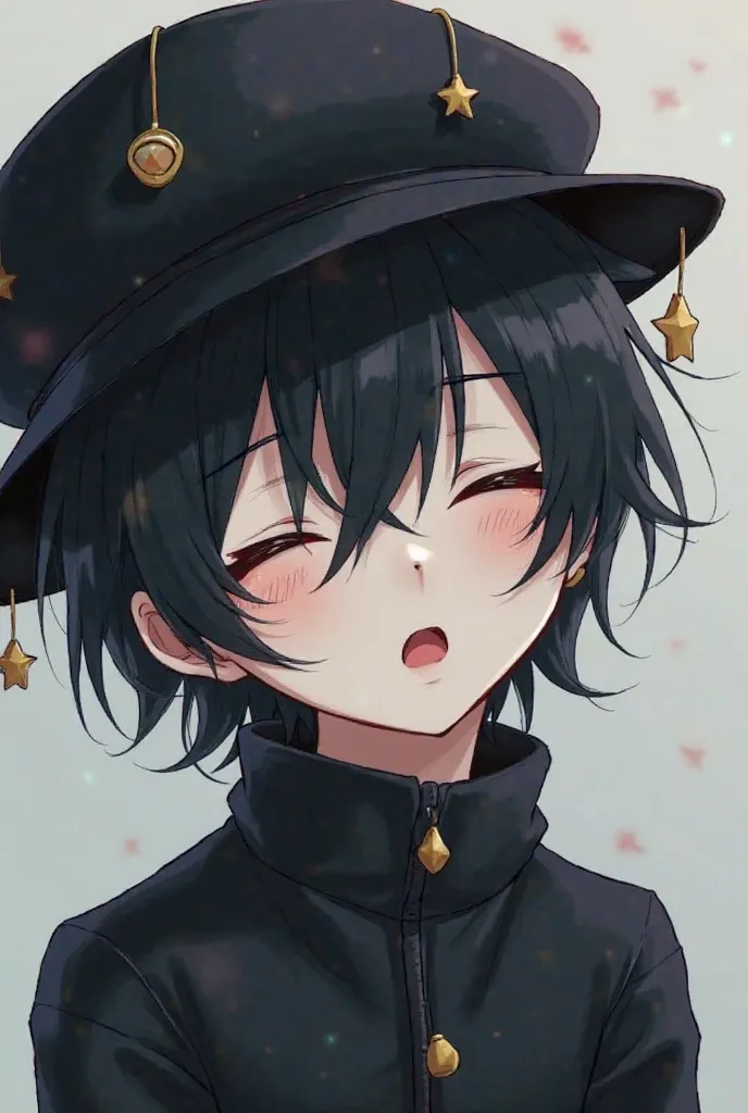 White-skinned anime boy wearing a black hat with hanging stars, black hair and a black jacket very sleepy and wanting to sleep and yawning Hair between eyes, 