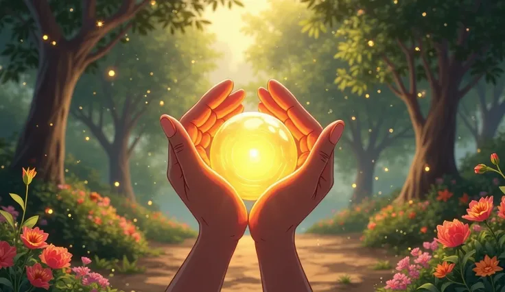 A first-person Disney cartoon-style scene showing the Holy Trinity in an ancient, sacred garden, where the character's hands hold a glowing orb. The garden is filled with vibrant flowers and sparkles of light falling from the sky, creating a peaceful and d...