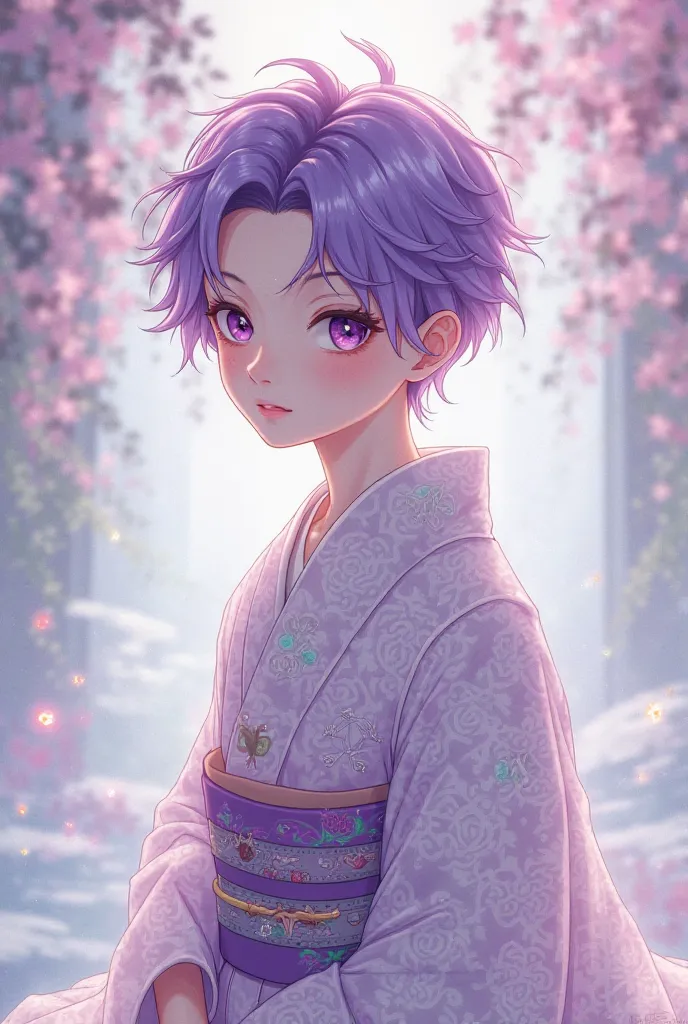 Cute anime boy with purple hair and the same colored eyes wearing a decorative and invisible Japanese kimono 