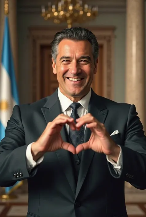 Argentine President Juan Domingo Perón forming a heart with his hands.