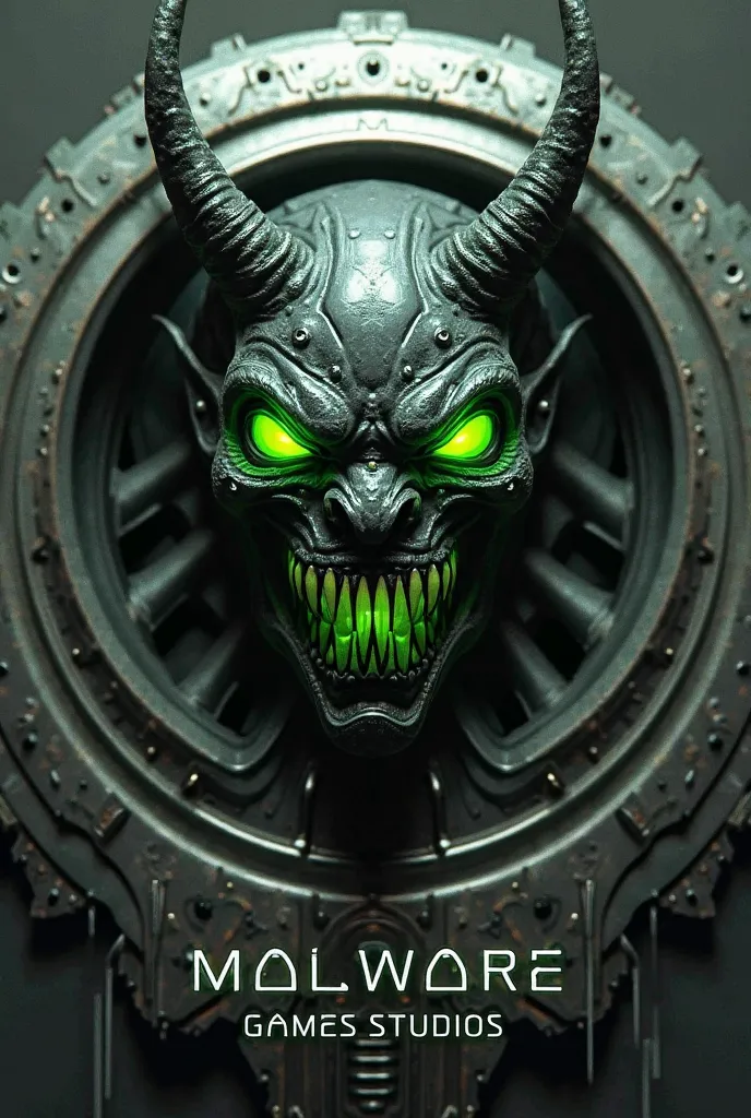 Make an animated black demon face with green eyes and a sharp-toothed smile, that it is inside a metallic circle And below a green text Malware Games Studios