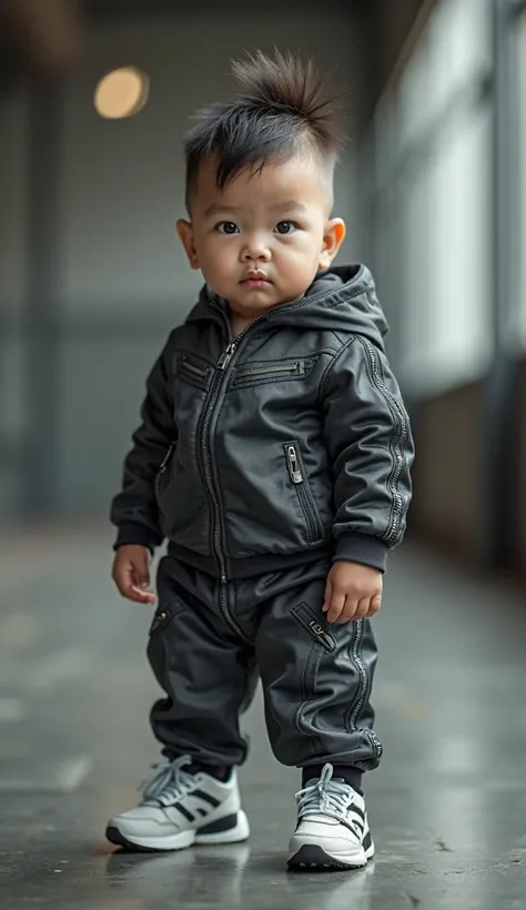 A hyper-realistic 4K digital image of a strong and confident Japanese baby standing in a modern gym environment. The baby wears a stylish, high-fashion sports tracksuit with intricate details, paired with sleek, futuristic sneakers. Their facial expression...