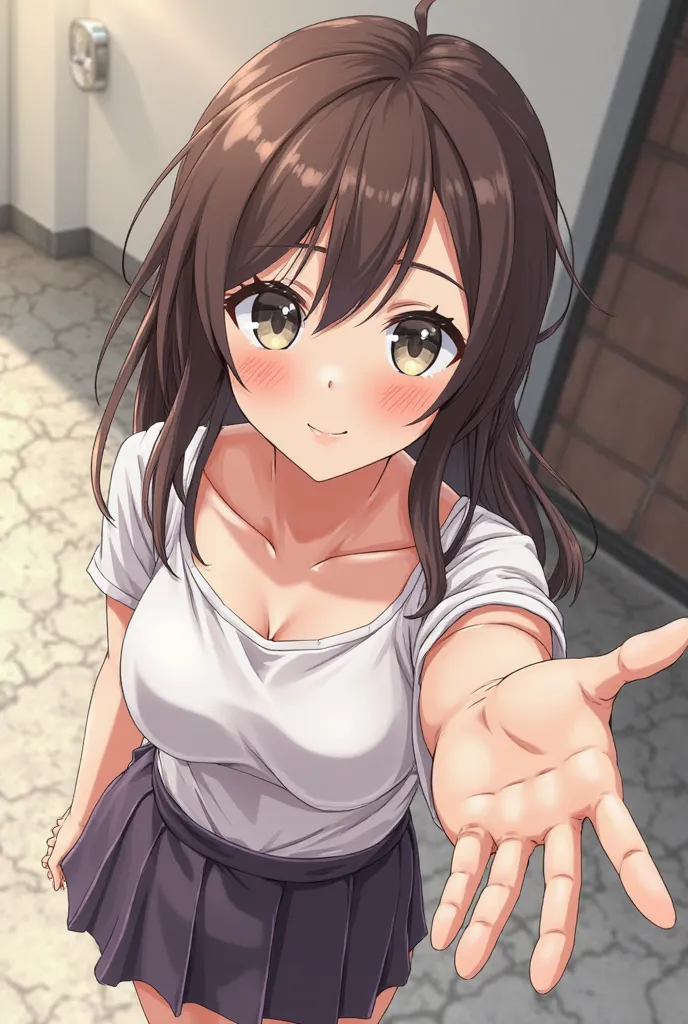  Female character ,  anime style, cartoon similar to, seen from above, with a fish eye perspective, that is looking at the camera and making some gesture with the hand, it doesn't have to be the whole body