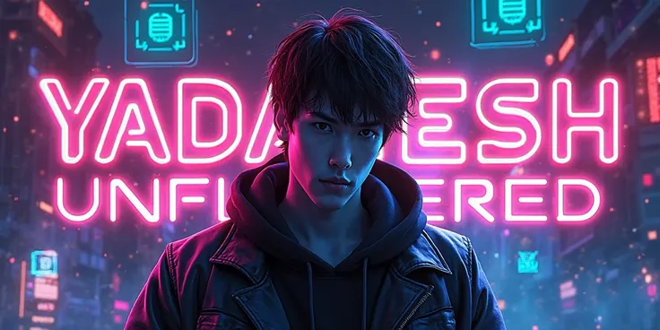 "A futuristic cyberpunk-style digital artwork featuring a young male protagonist with stylish black hair and a modern hoodie, standing in a neon-lit background. The environment is filled with glowing neon elements, digital glitch effects, and a sci-fi-insp...