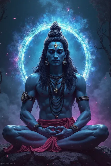 The image with the neon ring light and Beautiful colour dark background of lord shankar ji
