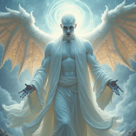 Make a man, with dragon wings, pale skin with scales, wearing white robes,  intense blue eyes, with an aura of white and heavenly fire surrounding it. that is imposing