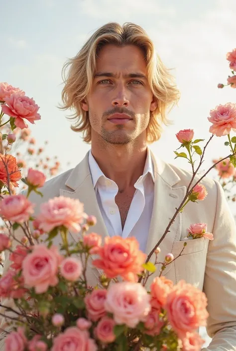 Handsome man with blonde wave hair smell the bouquet of flowers, full hight photo white costume 