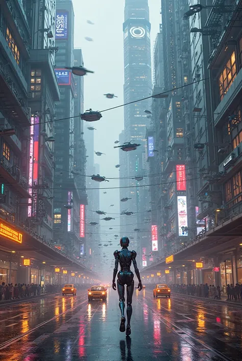  Imagine a futuristic city in 2150,  filled with illuminated skyscrapers , flying cars and humanoid robots. 