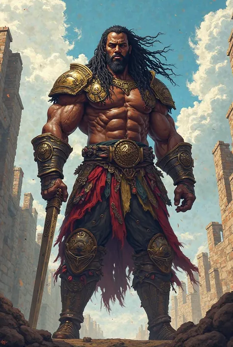 Make a medieval warrior, New, anime version, negro, Muscular, e com dread