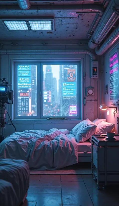 An ultra-realistic point-of-view image (throw), , capturing the first-person perspective of someone waking up in a high-tech room in a cyberpunk city.. The vision is a bit blurry, as if the cybernetic eyes were resetting. A blinking holographic sign on the...