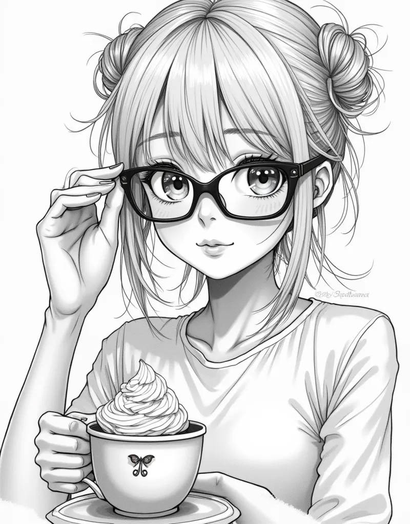 Make a manga-style pencil drawing of an oversized stylish manga girl with a messy bun, adjusting her oversized glasses while holding a cup of coffee with whipped cream. Everything is done like a manga-style pencil drawing. no colors. big design fills the e...