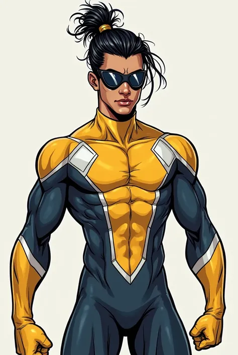 A full body shot comic cartoon young like a ager or early 20s Gender: Male
Ethnicity: Latino
Skin: Fair
Height: 1.78 meters
Hair: Black, tied in a visible bun.
Suit:
Colors: Dark blue, mustard yellow, and white.
Style: Sleek, modern, and aerodynamic with d...