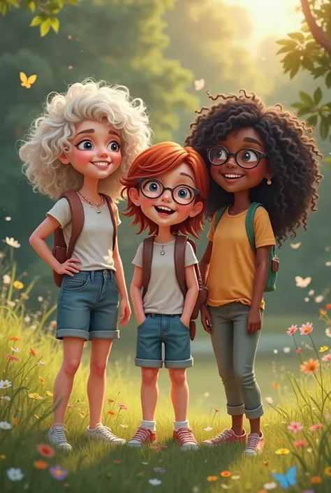 in an ecological park, three teenage friends having fun together, A tall, white girl with curly hair, a short redheaded brunette with straight hair with glasses, Another little white friend with glasses with wavy black hair 