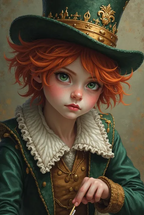 Make me a picture: Hatter panel, Alice in Wonderland, a boy with strong red hair, light green eyes, slightly serious expression, in a headgear in the background, using a toothpick with several neutral colors with details of the middle ages, adult version