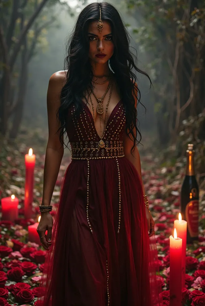 A mystical and powerful female spirit, Pomba Gira, depicted as a beautiful and seductive woman with long, flowing black hair. She wears a luxurious red and black dress with golden accents, symbolizing passion and mysticism. Her expression is confident and ...