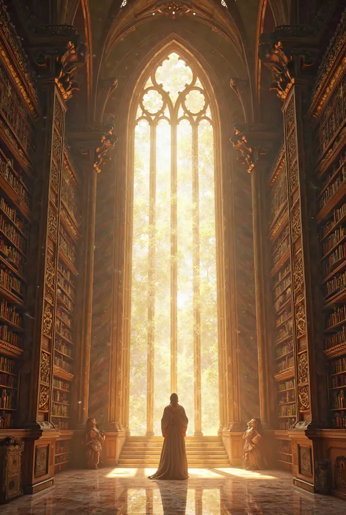  Look , I need a library, in the middle a huge, from top to bottom, holy, window on the left right bookshelves,