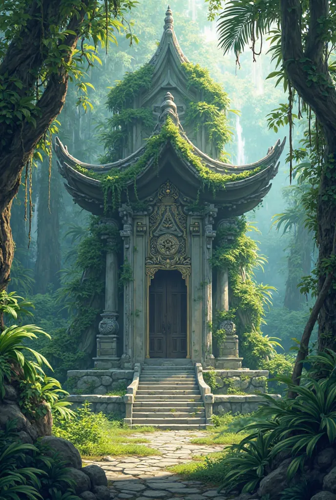 Futuristic martial arts stone temple, environments, anime, cartoon, jungle, no characters, in the middle of the jungle