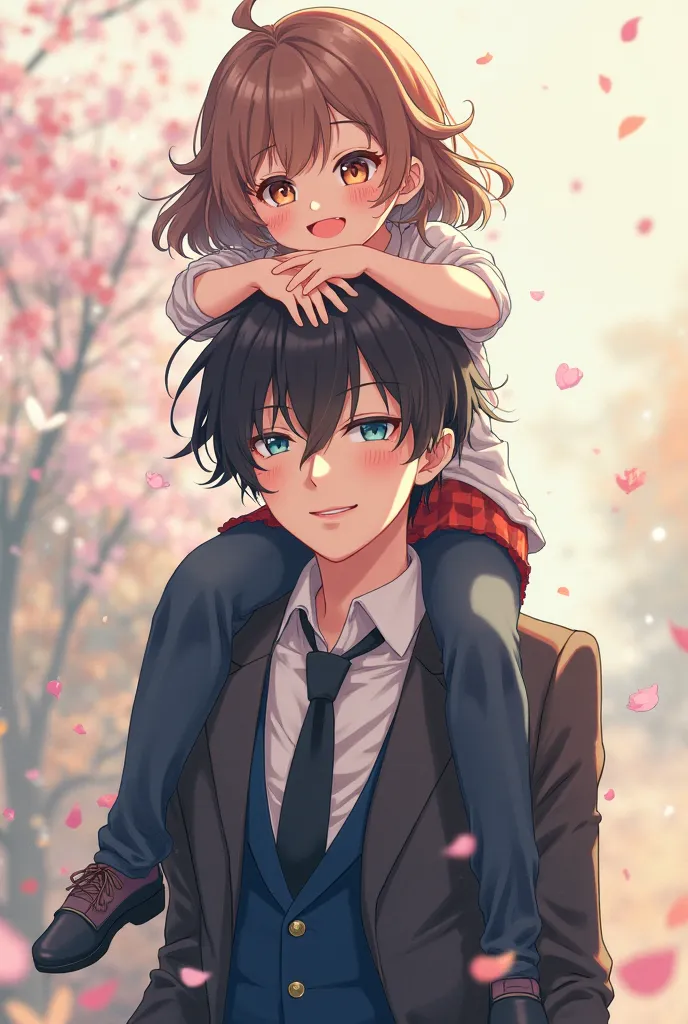 A photo with a cheerful and cute anime girl sitting on the right shoulder of the character Dazai from the Bungo Stray Dogs anime.