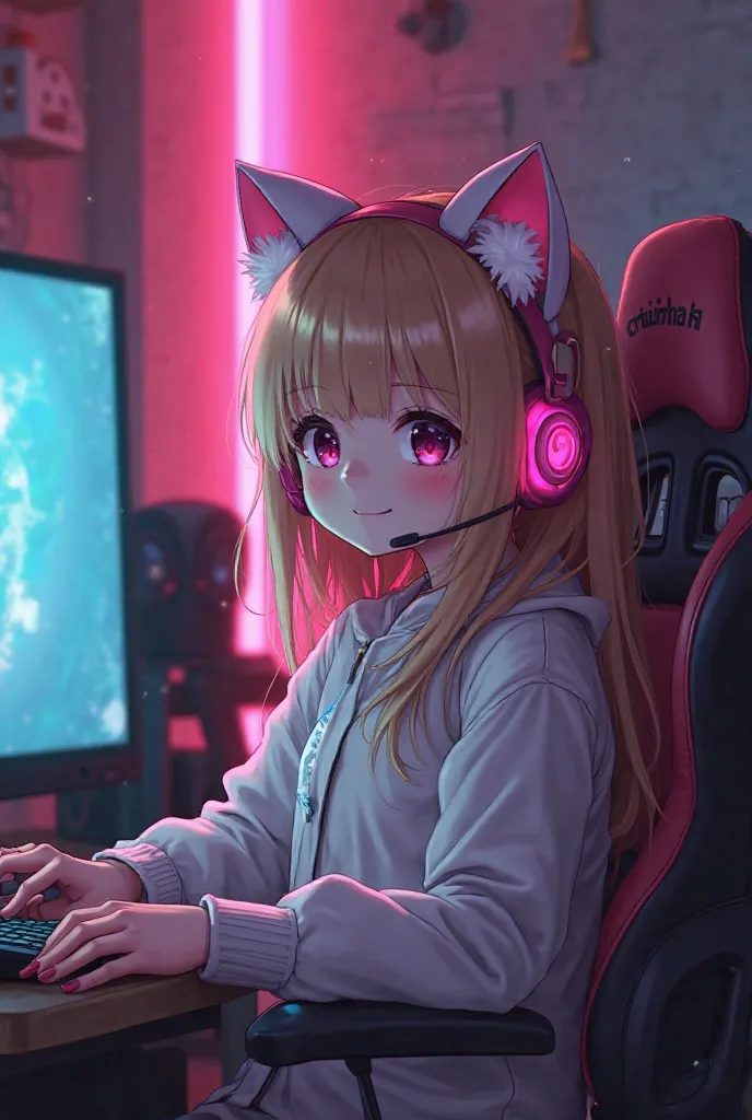 A gamer in any house sitting in a gamer chair playing on a computer or PC gamer during the day a room without LEDs the girl from the front looking forward with a pink kitten headset a headset with pink kitten ears with burnt dark blond hair and the girl sm...