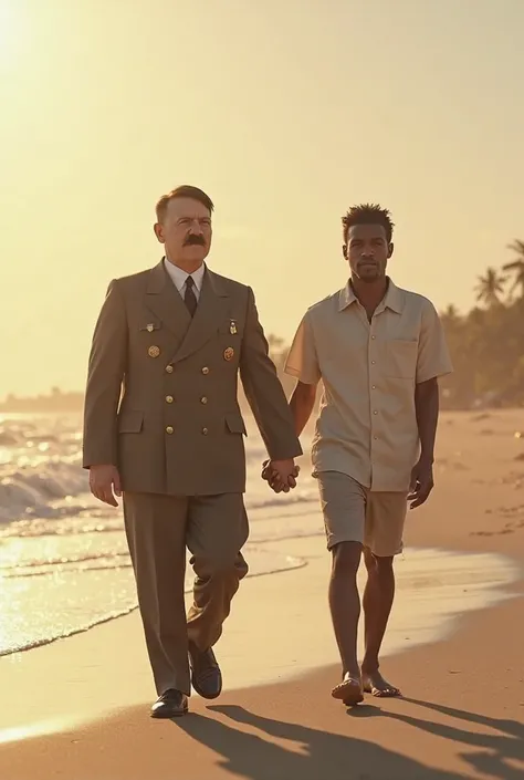 Adolf Hitler taking a walk on the beach with his black gay boyfriend, they are very happy and go hand in hand