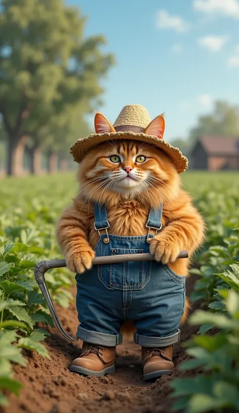 A photograph of a chubby yellow cat dressed as a farmer working a field with a siscador