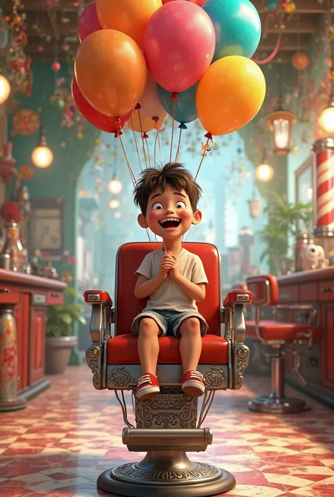 Create a bottomless image of a boy sitting in a cheerful and happy barbershop chair with balloons in his hand in Pixar-style