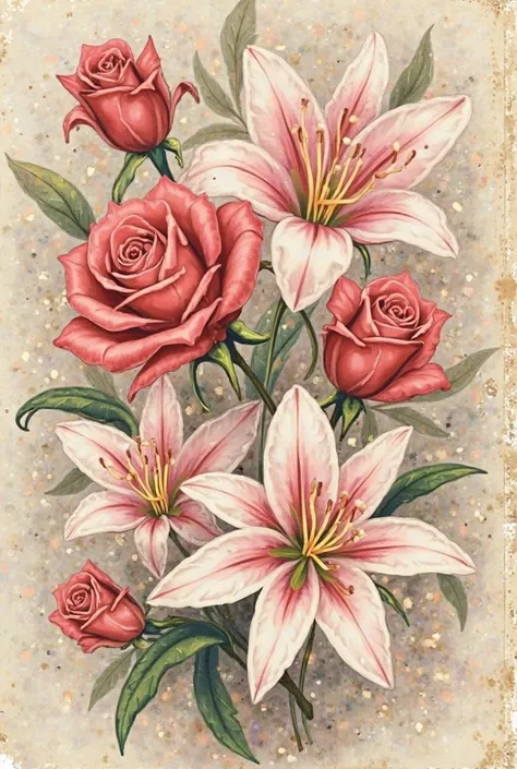 A digital collage of flowers like roses and lilies, with a vintage aesthetic and soft pastel colors, but mixing in "tacky" elements like glitter, rounded edges and fun fonts. The background can have a texture that resembles aged paper or even a discreet "g...