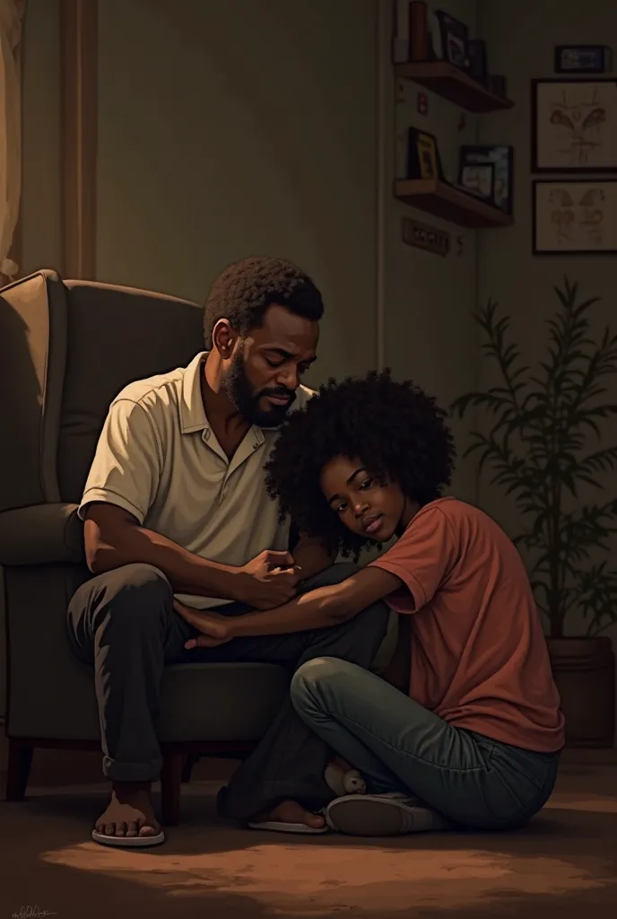 Black man sitting on a chair and sitting on the floor next to him his curly-haired adult daughter with her head resting on her leg. 