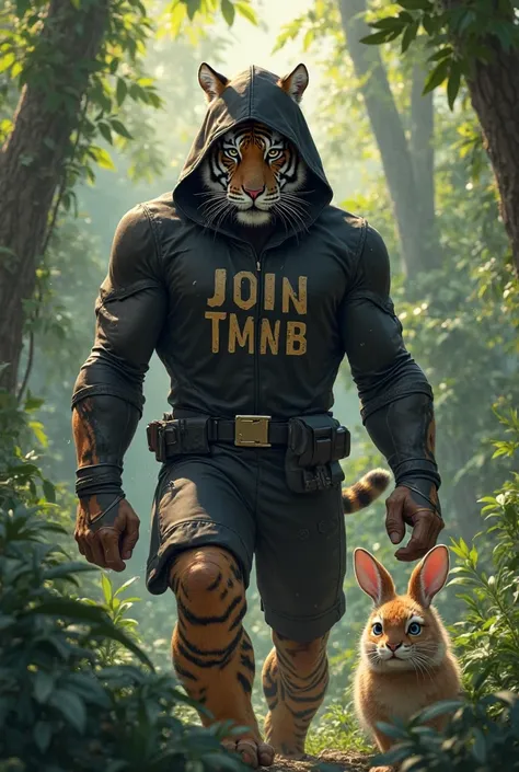 Assassin Tiger with black suit Hoody with Capital letters "Join TMNB" on his Chest and jungle background and has a cute Female rabbit at his side .