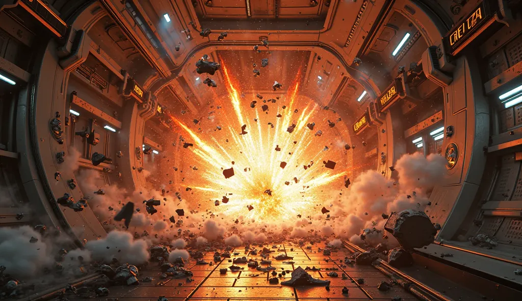 The transport tunnel of a spaceship , at the end of the tunnel, the hatch explodes.  Pieces of metal fly apart. jets of fire.  fantastic realism ,   very realistic,  very accurate photo  . 