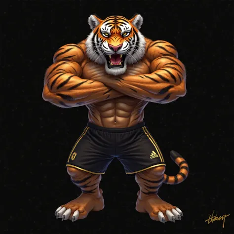 A digital painting of a fierce tiger mascot representing a football team. The tiger has a muscular build, no shirt, and wears black shorts with golden stripes. It has an aggressive expression with arms crossed in a powerful, attacking stance. The backgroun...