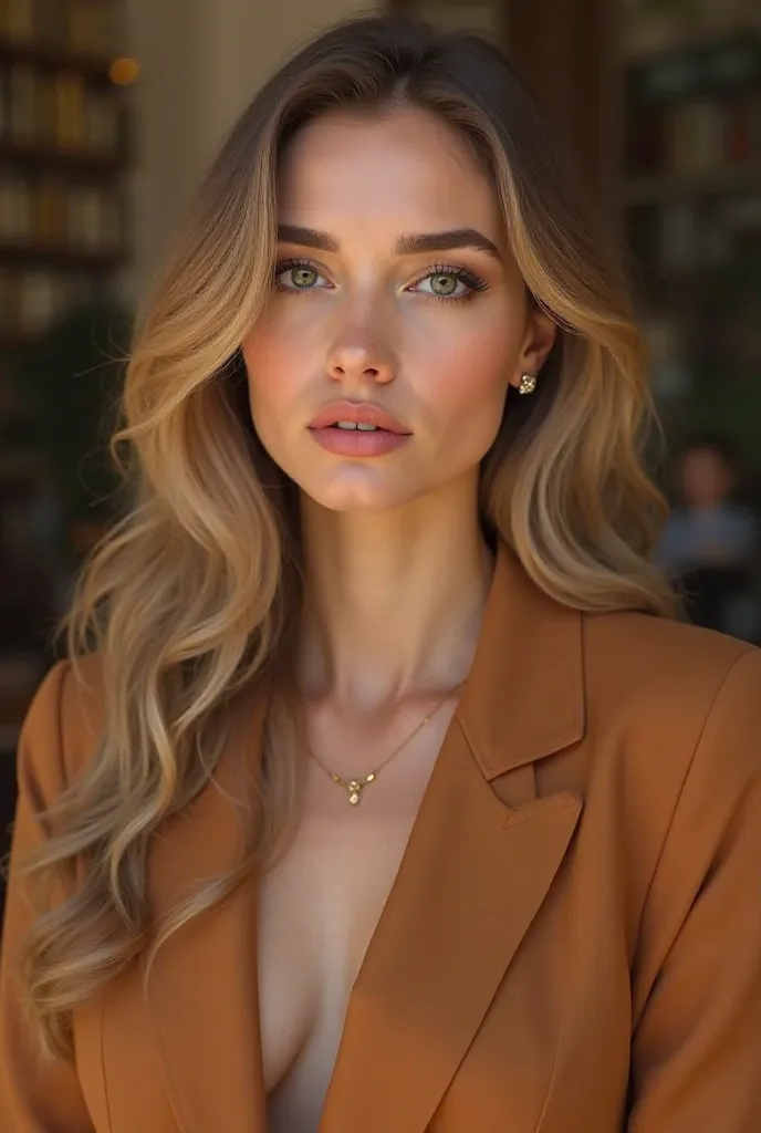 A rich woman with honey-colored hair and caramel blazer