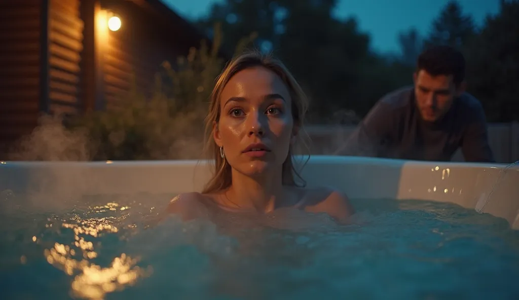 A dimly lit outdoor hot tub scene at night with steam rising from the water. A woman with a surprised or slightly shocked expression is sitting in the tub, partially submerged. A younger male figure (blurred or shadowed for mystery) is entering the tub or ...