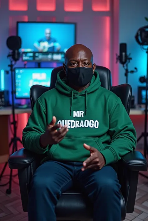 
Un Africain assis avec confiance sur une
chaise de jeu moderne dans son studio YouTube. Il porte un sweat à capuche verte vif avec l'inscription Mr OUEDRAOGO imprimée dessus. Son visage est clairement visible et expressif malgré le port d'un élégant masqu...