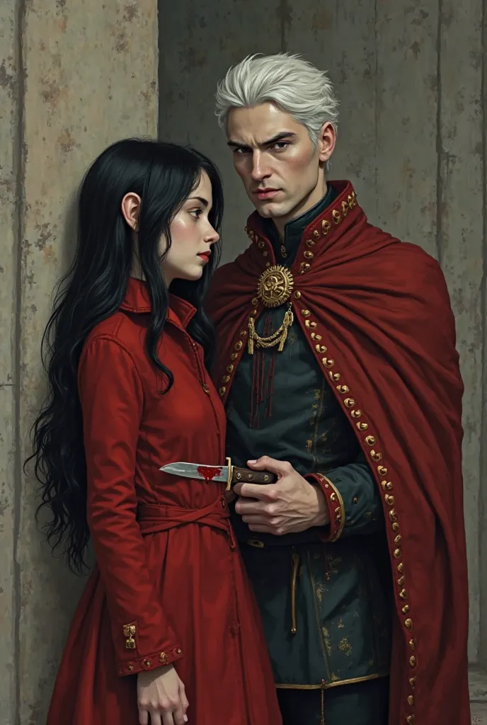 A girl in a red coat and long black hair leans against the wall with a dagger sticking out of her stomach and losing blood. Next to her is a man who stuck a dagger into her. He is dressed like a king and has white hair 