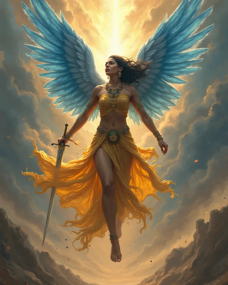  realistic fantasy, very beautiful Indian woman, Angel warrior with blue wings and she holds a sword loosely in one hand pointed upwards at the sky, detailed religious long Indian golden dress, She jumps,  body is curved backwards, The head is directed upw...