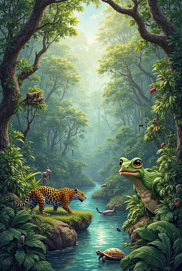 A jaguar, a turtle, a frog and many happier animals in the jungle 