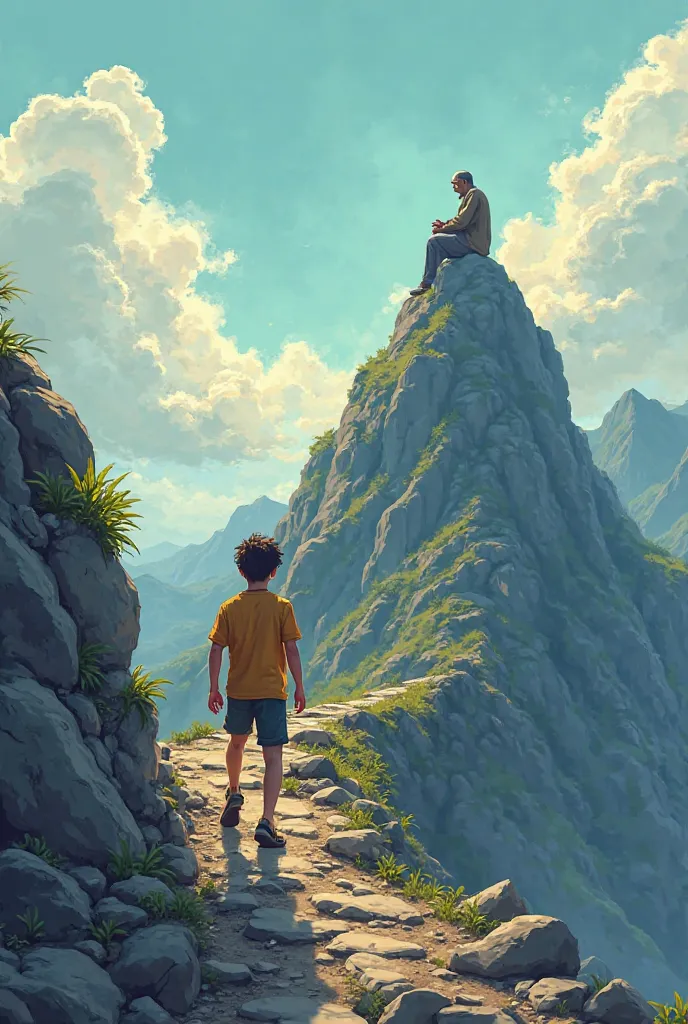 The first image :** A scene of a young man climbing a mountain with signs of fatigue, but he continues to climb. The road is rugged and full of rocks, and the sky mixes sunlight and clouds, symbolizing the challenges he faces. At the top, the shadow of a w...