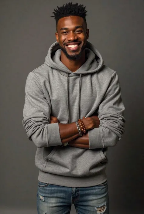  A strong Black man with neatly brushed short waves, wearing a designer hoodie and ripped jeans. He has a confident smirk, showing off his grillz, and beaded bracelets on his wrist. His arms are crossed in a relaxed stance.