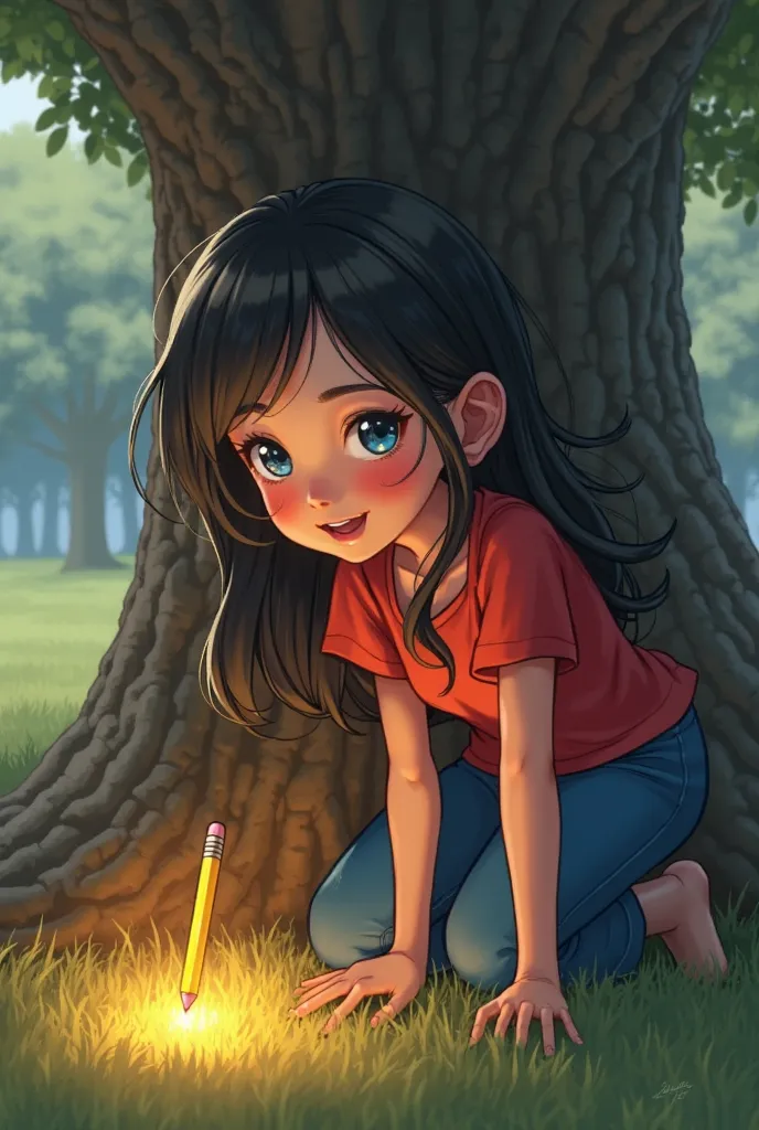 This girl, with her hazel blue eyes and silky hair, dressed in a red shirt and blue pants, is leaning under an ancient tree. She has impressions of surprise and joy on her radiant skin. A glowing pencil lies on the ground, emitting a faint light, and the g...