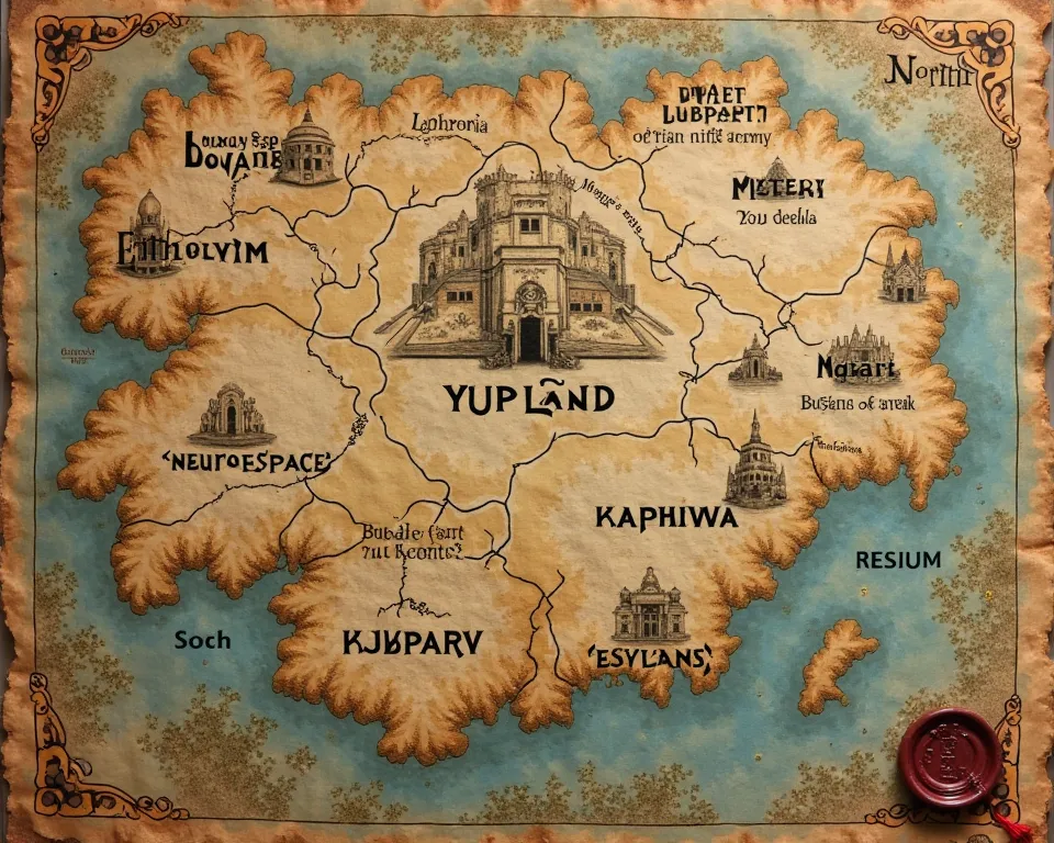 An antique yellowed map of Yupland, on which the lands are marked: South, North. Elphoria, Lemuria, Elysium, Mystery, Neurospace, Bobrov, Kailans. In the center is the Third Ninth Realm with the residence of Baba Yaga. The map shows the landscape, roads, t...