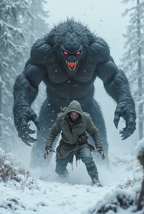 Create an image of a black monster killing a human in the snow