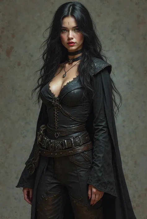 create a rich HOT looking tall young women half-elf, half-human, thin with higly accented curves. as a d&d realistic character in a hot crow themed outfit, she has loosen black hair. with some thiefs weppons. show all her body