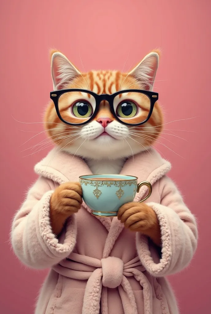 cat with glasses on pink background in bathrobe and drinking tea