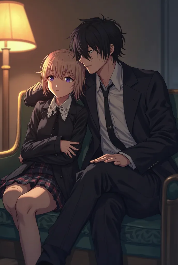 A photo of the Dazai character in the Bungo Stray Dogs anime, sitting on his right shoulder, with a girl with her legs crossed, 1.60 tall, cheerful and cute, but dressed in black, bad girl style.
