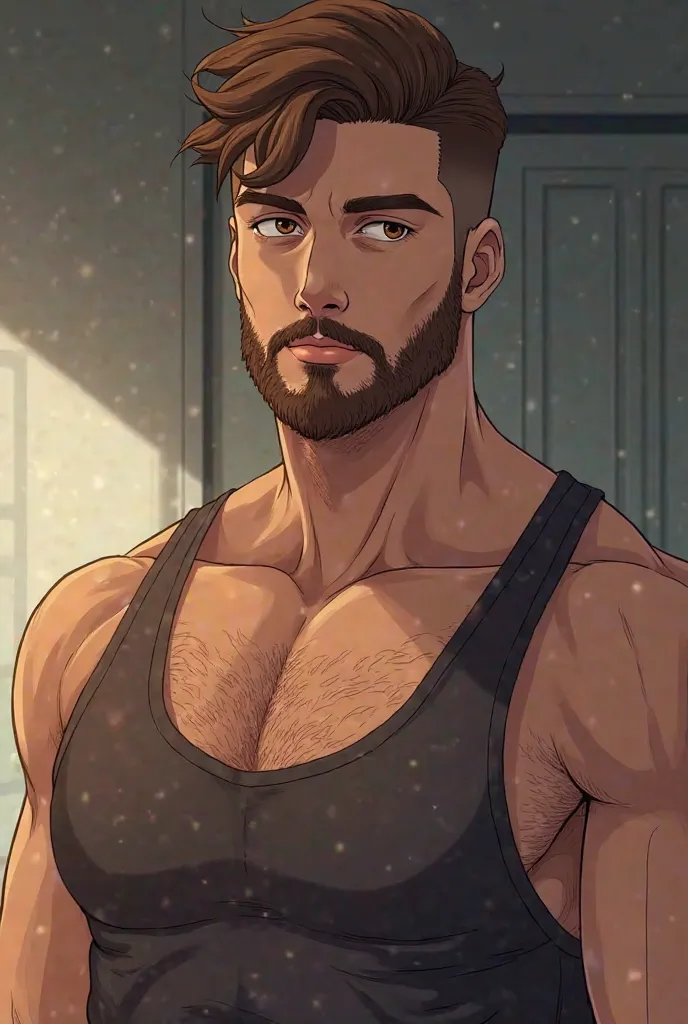 A guy in his 30s, trimmed beard, brown hair with a social cut, brown eyes, Are you wearing gym clothes, It is not very muscular but has a defined chest, And it has a mysterious air. In anime or manga style