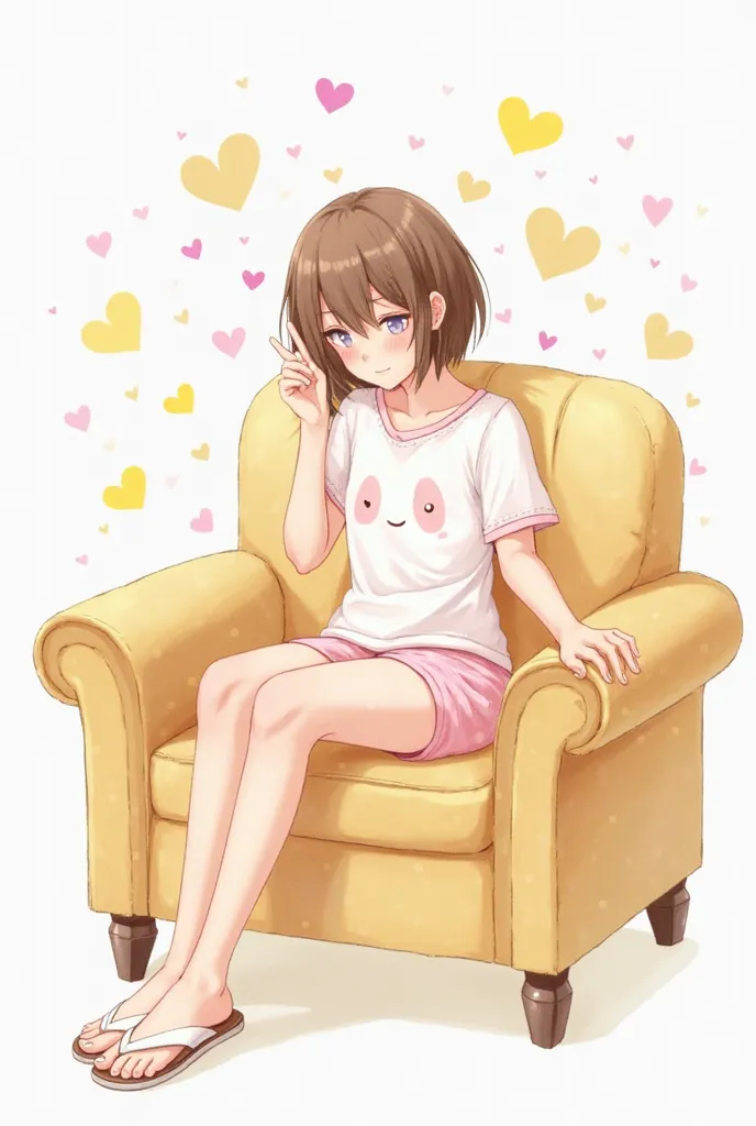  Enchanting and delicate book style,short brown hair.Closed eyes and trace-shaped mouth, expression tranquility,wearing shorts and pajama t-shirt in white with delicate pink heart print ,in white flip flops,sitting on the light brown sofa, Pure white backg...