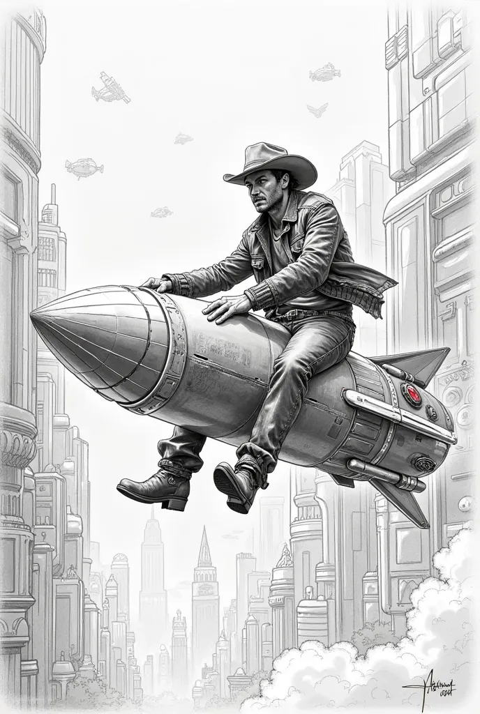 Create a pencil drawing
Where is an adult cowboy riding a rocket with a lot of buildings behind it