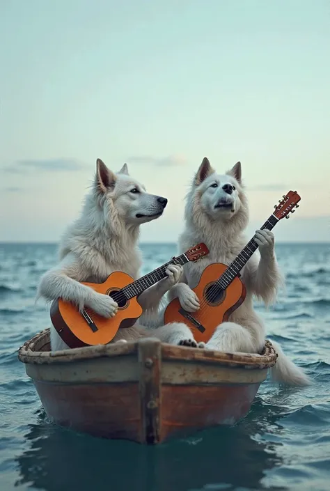 Two Maremma shepherds playing guitar on a small boat in the middle of the sea 