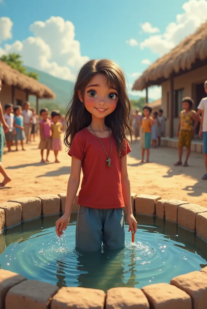 The girl, with her hazel blue eyes and silky hair, dressed in a red shirt and blue pants, stands in the main square of the village. She has a smile on her glowing skin. She is making a large well with a pencil. The villagers are happily filling the water f...